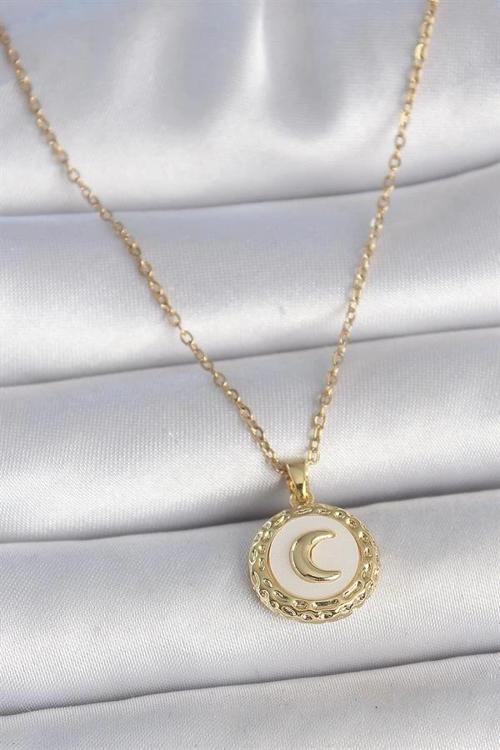 316L Çelik Gold Renk Zincir Beyaz Mineli Hilal İşlemeli Madalyon Model Kadın Kolye