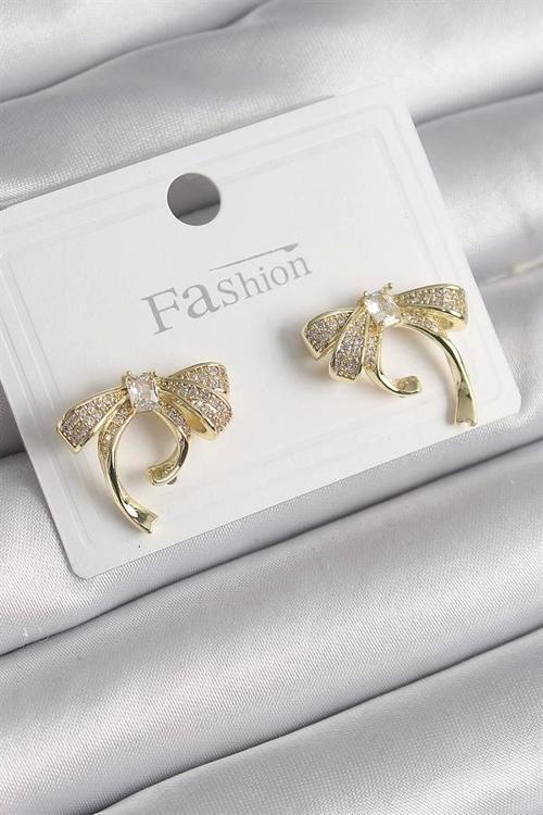 Pirinç Gold Renk Zirkon Taşlı Fiyonk Model Kadın Küpe