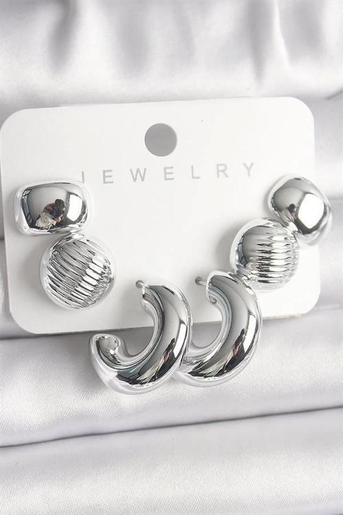 Gümüş Renk İşlemeli Daire Halka Model CCB Platik Kadın Küpe Seti