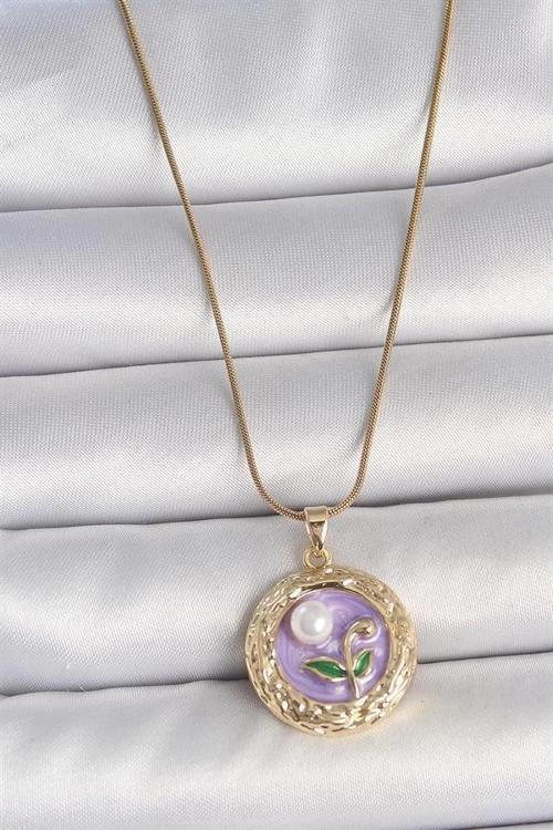 316L Çelik Gold Renk Zincir Mor Çiçek İşlemeli İnci Detay Potre Model Kadın Kolye