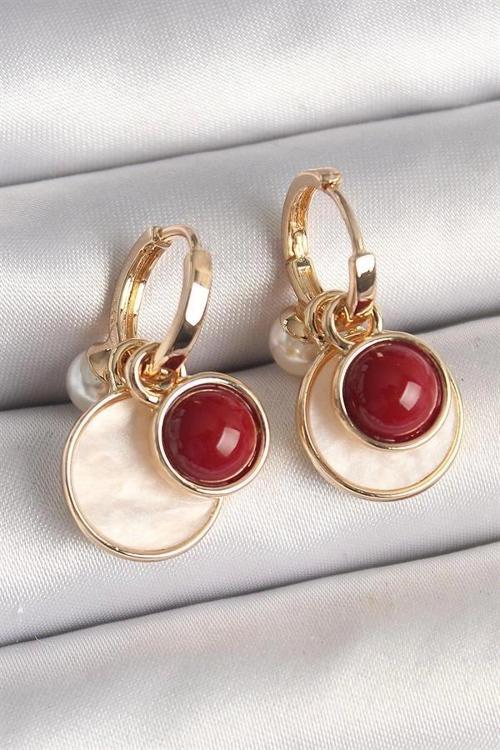 Pirinç Gold Renk Sallantı Beyaz Mineli Bordo Detay Kadın Küpe