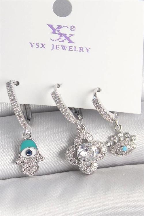 Pirinç Gümüş Renk Zirkon Taşlı Fatma Ana Yonca Figür Göz Detay 3'Lü Kadın Kombin Küpe