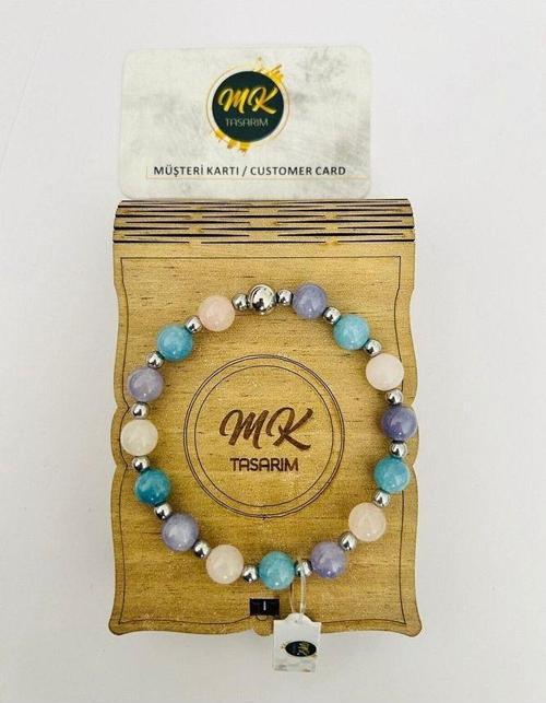 Gerçek Mavi - Pembe - Mor Kuvars Taşı Bileklik (ARA KÜÇÜK TAŞLAR HEMATİT TAŞIDIR) Mk.020.022