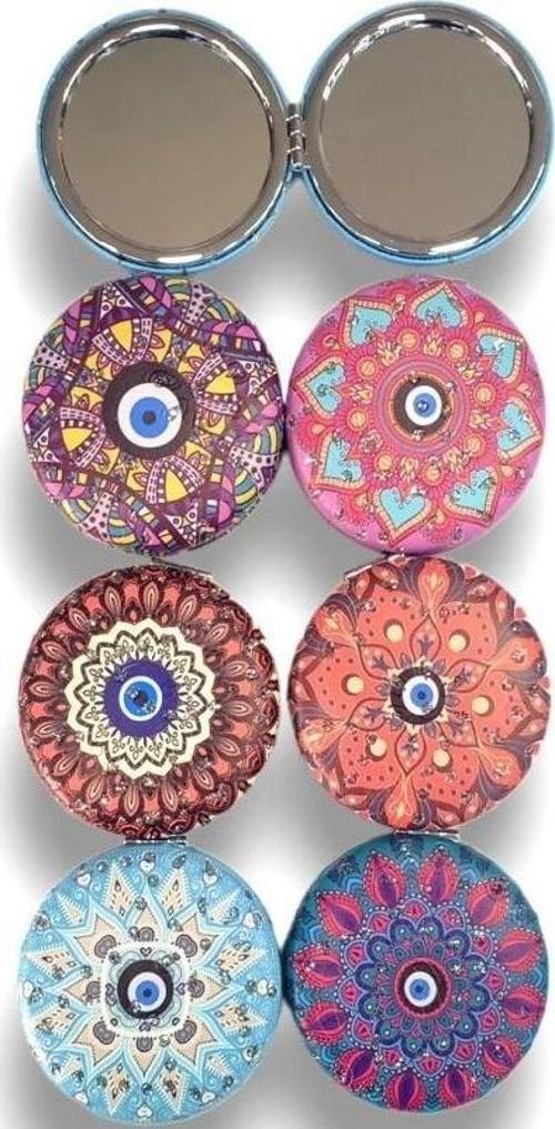 Otantik Mandala Tasarımlı Nazar Boncuklu Büyüteçli Kozmetik Yuvarlak Cep Çanta Aynası Kapaklı El Makyaj Aynası 7CM