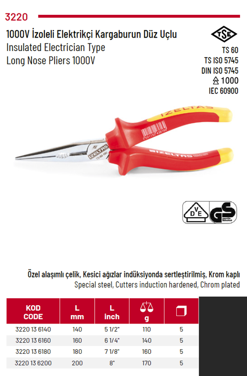 1000V izoleli Elektrikçi Kargaburun Diz Uclu  160 mm