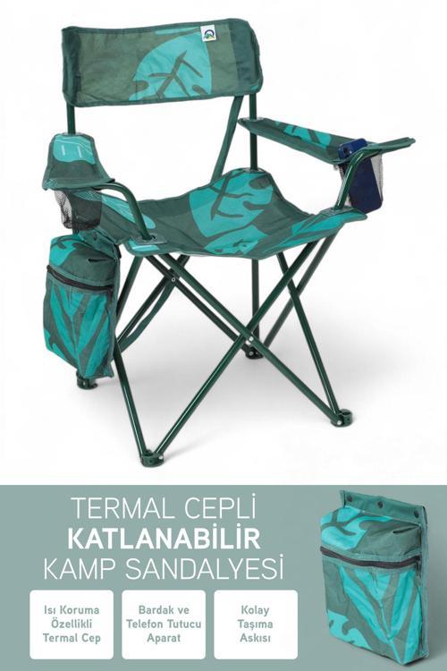 Qufi Termal Cepli Katlanır Telefon Tutma Aparatlı Kamp Piknik Sandalyesi Rejisör Koltuğu - Yeşil