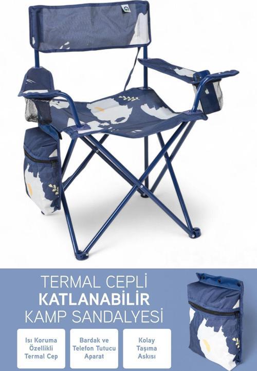 Qufi Termal Cepli Katlanır Telefon Tutma Aparatlı Kamp Piknik Sandalyesi Rejisör Koltuğu - Mavi