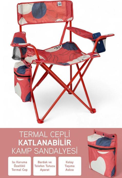 Qufi Termal Cepli Katlanır Telefon Tutma Aparatlı Kamp Piknik Sandalyesi Rejisör Koltuğu - Kırmızı