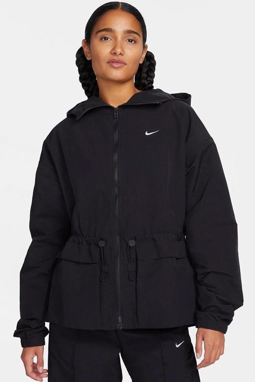 Trend Lightweight Woven Oversize Hoodie Jacket Kadın Oversize Dokuma Bel Ayarlı Kapüşonlu Ceket Siyah