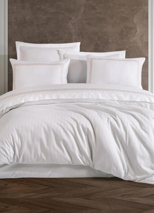 Nüans Nakışlı Pamuk Saten Yollu Çift Kişilik Nevresim Takımı-Beyaz