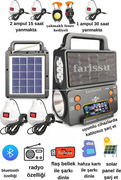 RT-913 Solar Şarjlı Aydınlatma ve Müzik Seti çakmaklı çok foksiyonlu fener hediyeli