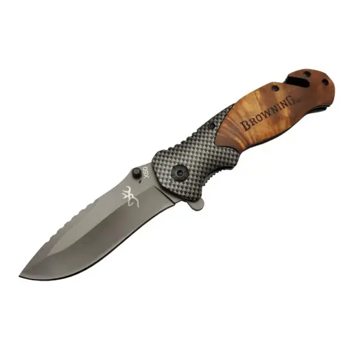 X50 Kahverengi Kurtarma / Kamp Çakısı 20,5cm- Yarı Otomatik, Kemerlikli, Ahşap Sap, Cam Kırma ve İp Kesme Apara