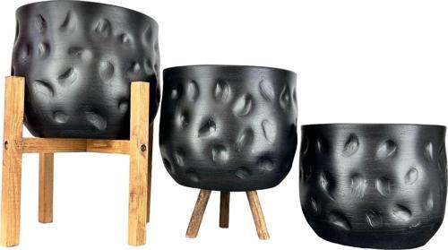 Ev Dekorasyon Aksesuar Siyah Desenli Toprak Saksı Saksılık Salon Çiçeklik Üçlü Set 19 CM
