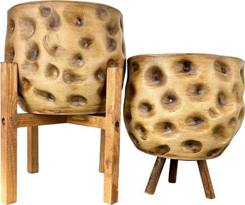 Ev Dekorasyon Aksesuar Naturel Desenli Toprak Saksı Saksılık Salon Çiçeklik İkili Set 4 Ayaklı - 3 Ayaklı