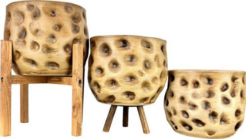 Ev Dekorasyon Aksesuar Naturel Desenli Toprak Saksı Saksılık Salon Çiçeklik Üçlü Set 19 CM