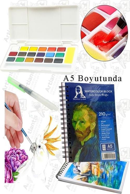 18 Renk Tablet Sulu Boya ve A5 Telli Suluboya Bloğu Kağıdı A5 210gr 20 Yaprak İnce Dokulu Taş Suluboya Plastik Kutulu