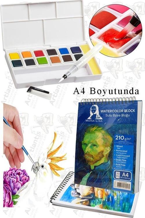 12 Renk Tablet Sulu Boya ve A4 Telli Suluboya Bloğu Kağıdı A4 210gr 20 Yaprak İnce Dokulu Taş Suluboya Plastik Kutulu