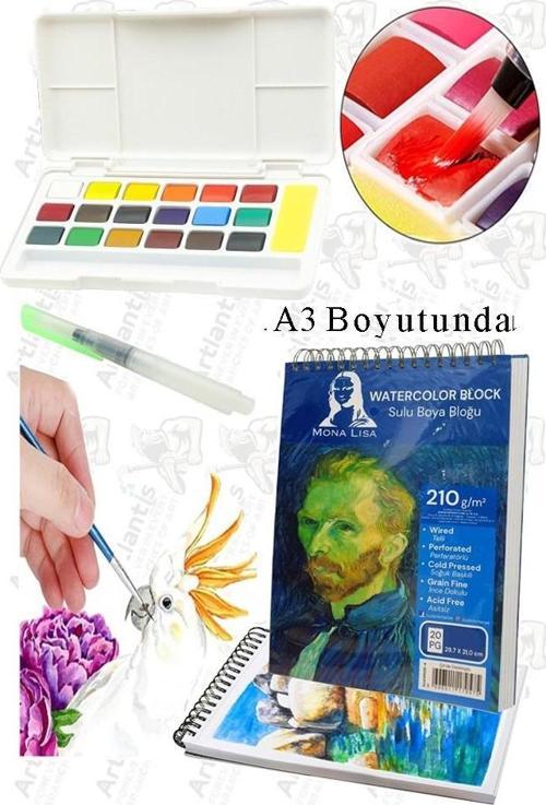 18 Renk Tablet Sulu Boya ve A3 Telli Suluboya Bloğu Kağıdı A3 210gr 20 Yaprak İnce Dokulu Taş Suluboya Plastik Kutulu