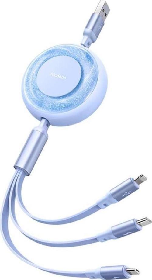 3in1 CA-3572 Makaralı Iphone Micro TypeC Şarj Data Kablo 1.2m-Mavi