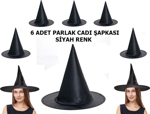 Halloween Siyah Renk Parlak Dralon Cadı Şapkası Yetişkin Ve Çocuk Uyumlu 6 Adet