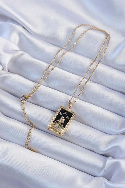 Zarif Kadın için Golden Çelik Zincir Zirkon Kara Mine Kız Tarot Kolye