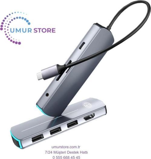 Type-C to (4K/60Hz UHD HDMI 3xUSB 3.0 TF/MicroSD 3.5mm Ses Çıkışı USB Type-C PD 60W) 8in1 HUB Dönüşt