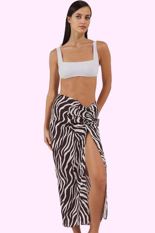 Kadın Zebra Desenli Maxi Etek Büzgü Detay Viskoz Yazlık Plaj Günlük Kullanım Modern Tasarım