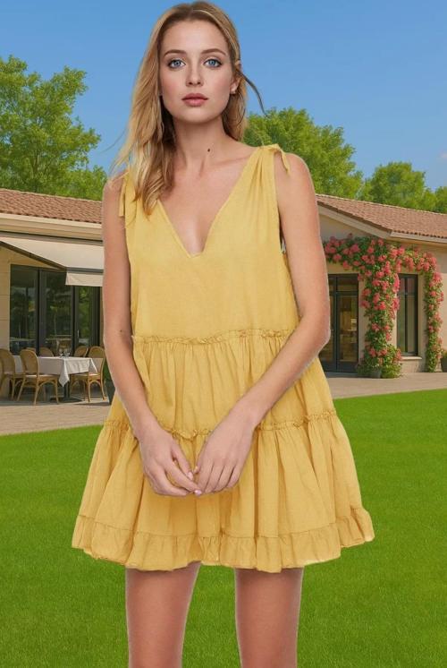 Yazlık Çizgili Mini Elbise %100 Pamuklu V Yaka Plaj Elbisesi Profesyonel Görünüm Uzun Ömürlü