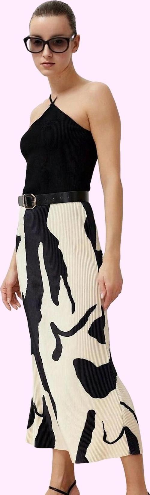 Kadın Midi Boy Piliseli Etek Soyut Desen Yüksek Bel Kemerli Casual Yaz Aylarının Vazgeçilmezi