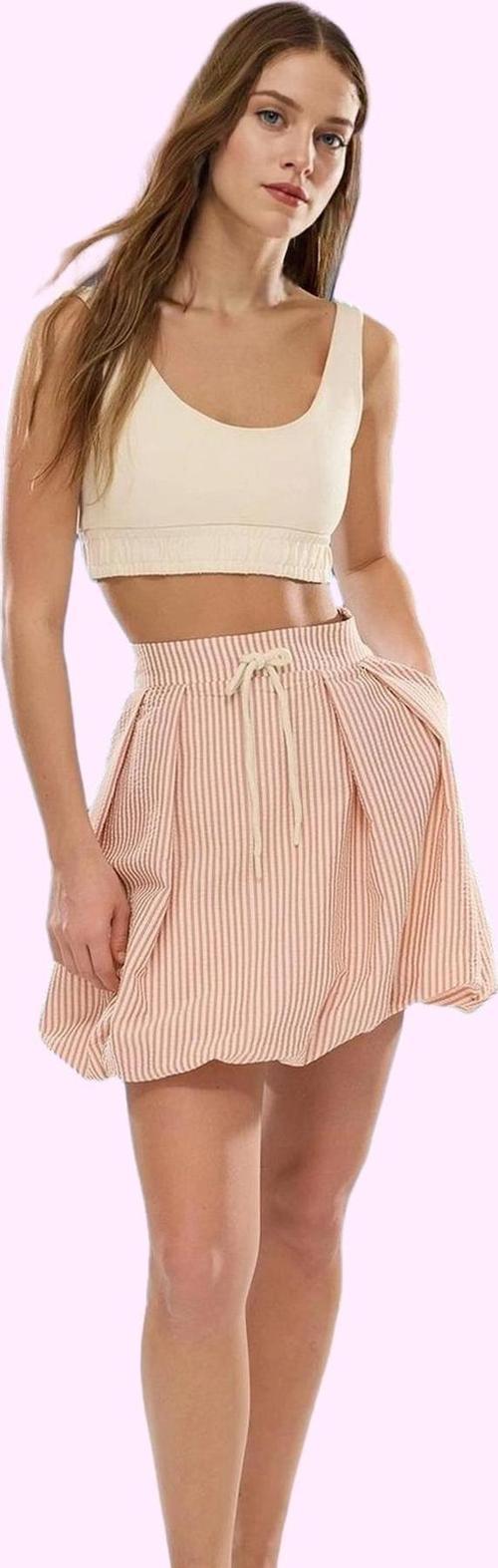 Kadın Çizgili Mini Boy Balon Etek Gofre Kumaş Rahat Günlük Yaz Hafta Sonu Kaliteli Malzeme