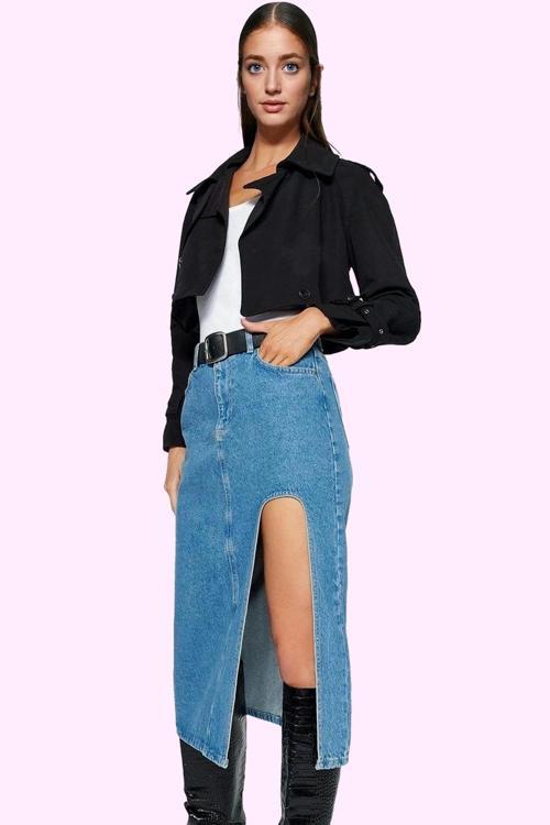 Kadın Midi Boy Denim Etek Yırtmaçlı Kalem Kalıp Pamuklu Günlük Şıklık Yaz Aylarının Vazgeçilmezi