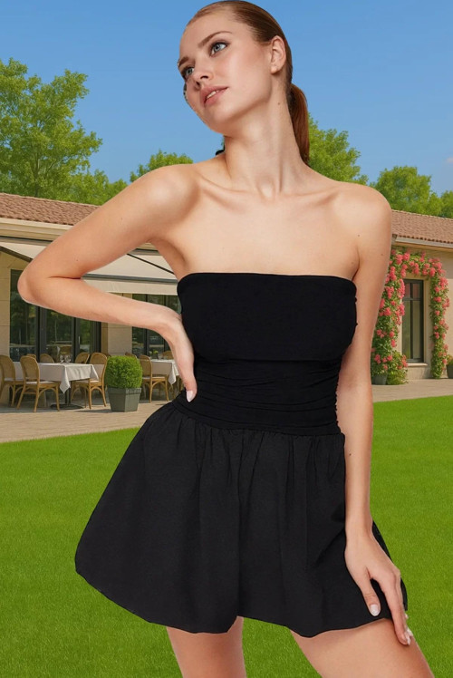 Straplez Mini Poplin Abiye Elbise Astarlı Belden Açılan Etek Profesyonel Görünüm Modern Stil