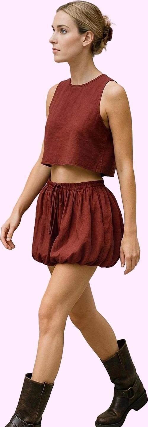 Kadın Mini Balon Etek Yüksek Bel Melfi Dokuma Yazlık Günlük Hafta Sonu Yaz Aylarının Vazgeçilmezi