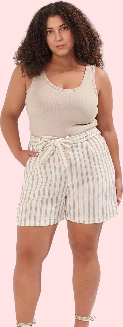 Kadın Büyük Beden Keten Görünümlü Çizgili Şort Yüksek Bel Pamuk Günlük Yaz Aylarının Vazgeçilmezi
