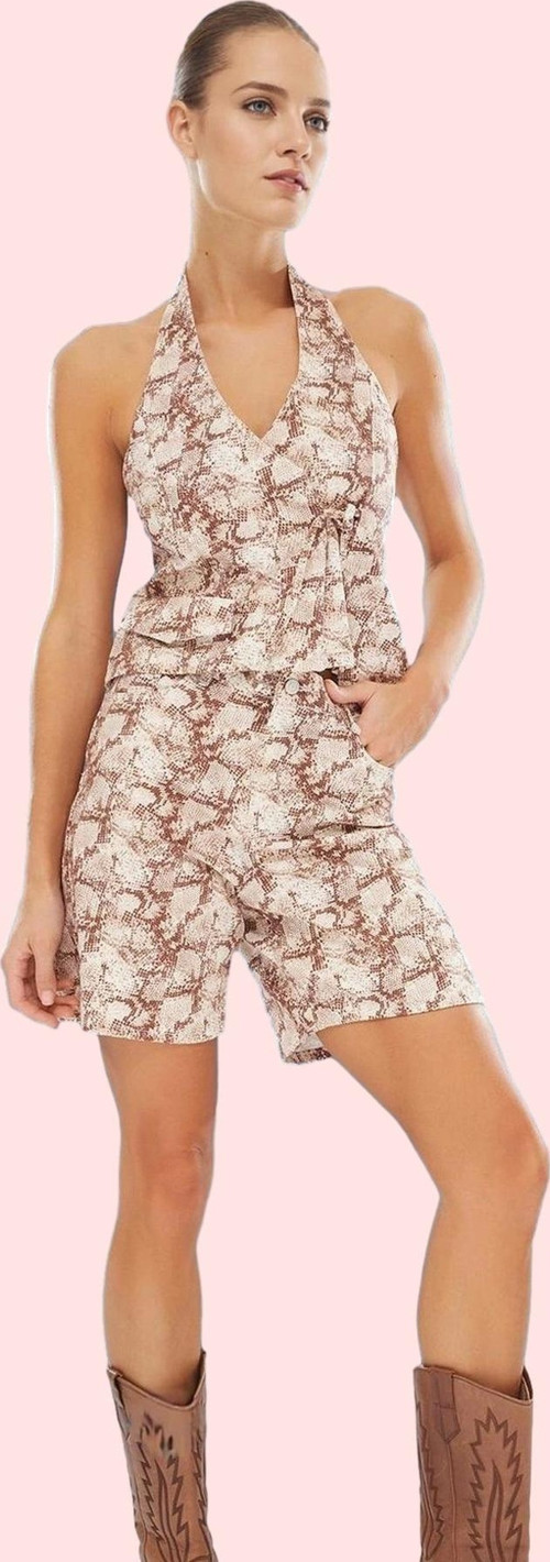 Kadın Yüksek Bel Gabardin Dokuma Şort Çok Yılan Desenli Yazlık Günlük Kullanım Özel Günler