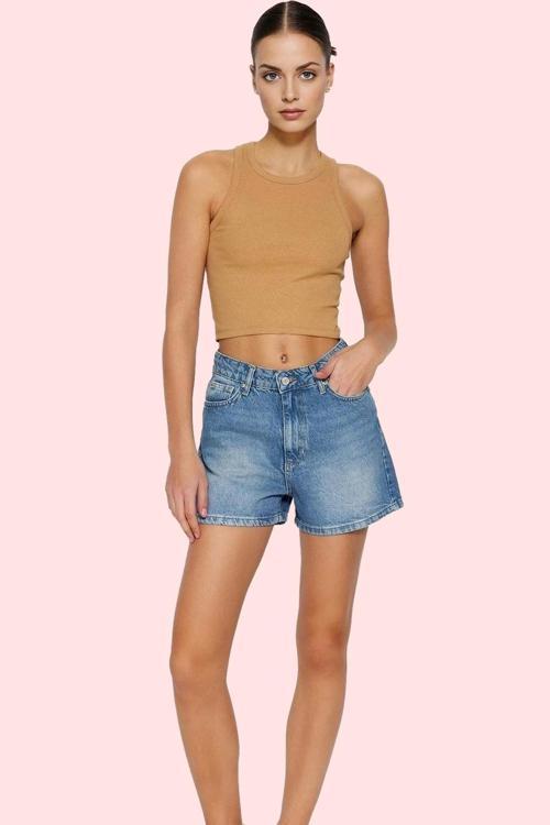 Kadın Yüksek Bel City Short Denim Şort Düz Desen Regular Boy Pamuklu Günlük Kullanım Hafta Sonu