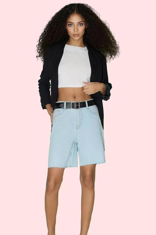 Kadın Yüksek Bel Denim Bermuda Şort Boru Paça Rahat Yaz Günlük Hafta Sonu Kaliteli Malzeme