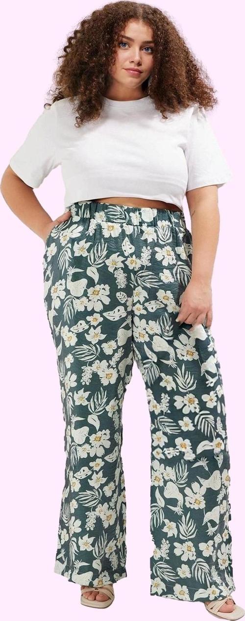Kadın Büyük Beden Rahat Kesim Çiçekli Dokuma Pantolon Yüksek Bel Günlük Kullanım Hafta Sonu