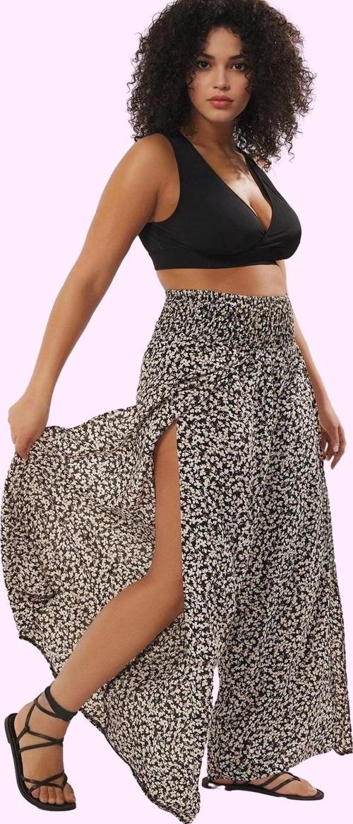 Kadın Geniş Paça Crinkle Dokuma Pantolon Çiçekli Desen Yüksek Bel Yazlık Plaj Günlük Kullanım