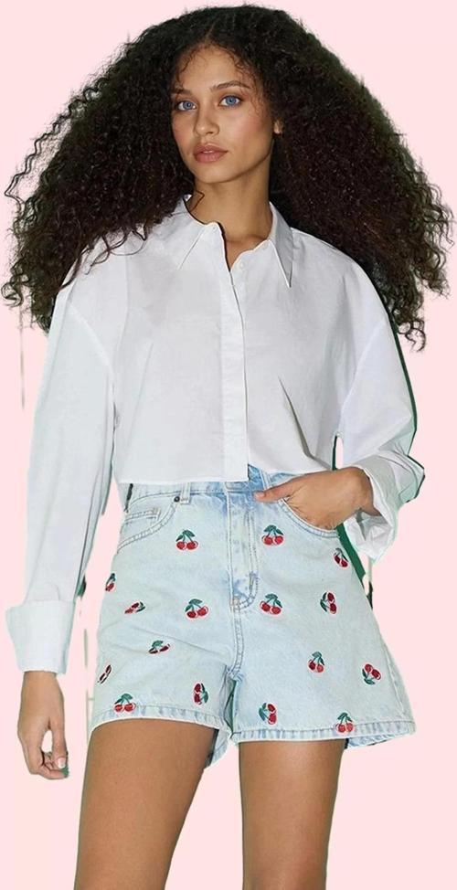 Kadın Yüksek Bel Geniş Paça Denim Şort Baskılı Kiraz Desenli Pamuklu Günlük Kombinler Hafta Sonu