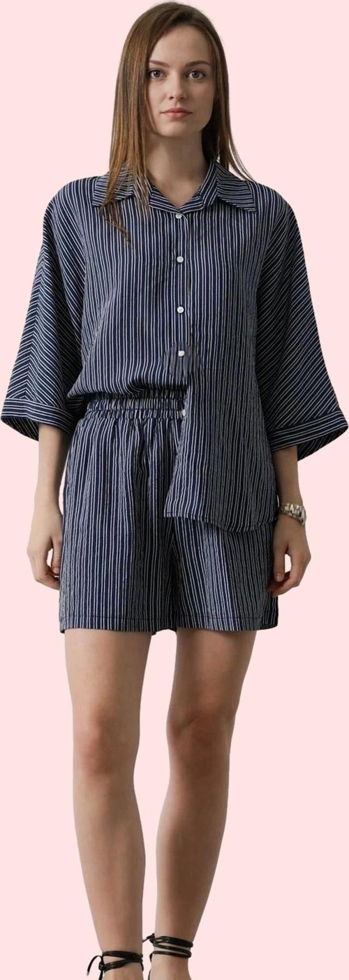 Kadın Çizgili Mini Şort Yüksek Bel Geniş Paça Crinkle Dokuma Kısa Boy Yaz Günlük Kombinler