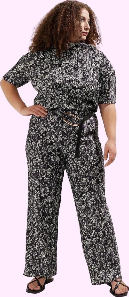 Kadın Geniş Paça Piliseli Örme Pantolon Büyük Beden Çiçek Desenli Günlük Dayanıklı Malzeme