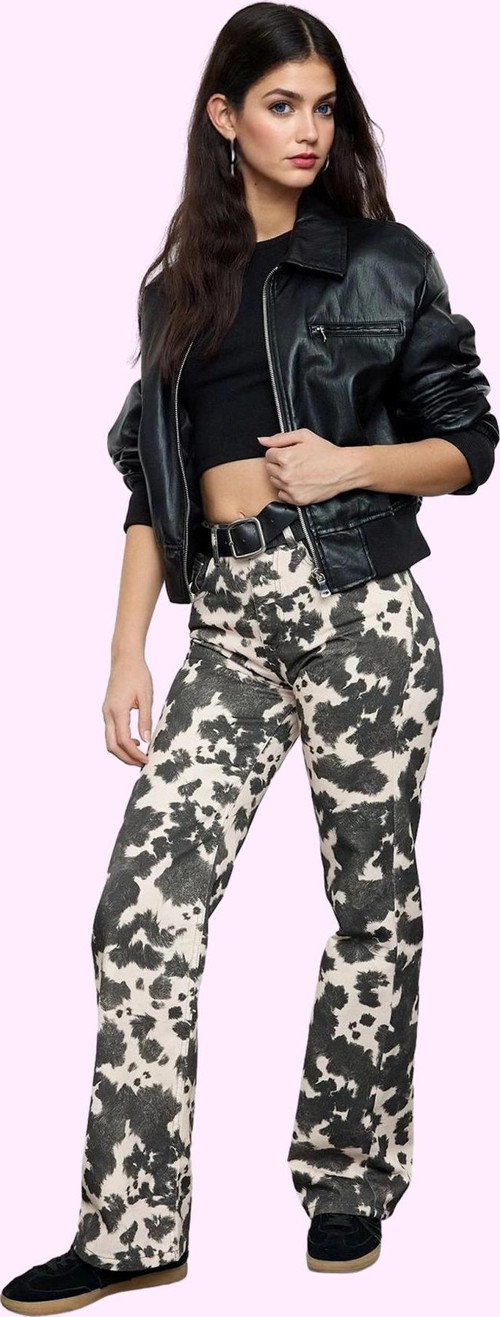 Kadın Geniş Paça Uzun Boy Denim Pantolon Pamuklu İnek Desenli Günlük Yaz Aylarının Vazgeçilmezi