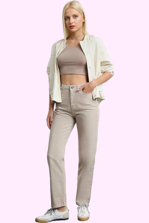Kadın Yüksek Bel Straight Fit Pantolon Pamuk Gabardin Kumaş Günlük Kullanım Modern Tasarım