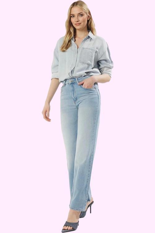 Kadın Yüksek Bel Geniş Paça Jean Pantolon Günlük Stil Hafta Sonu Yaz Aylarının Vazgeçilmezi