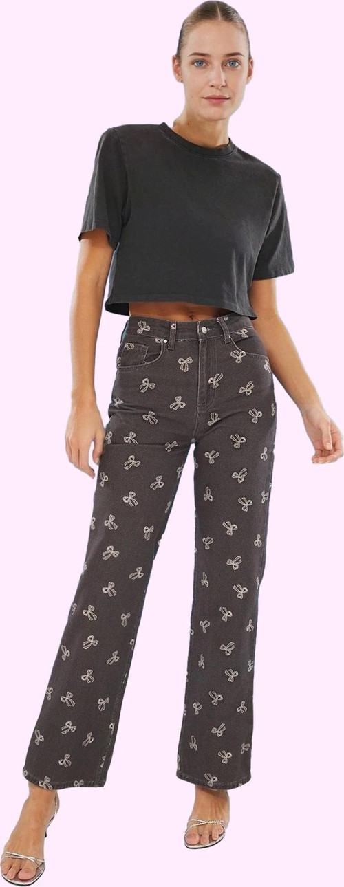 Kadın Yüksek Bel Geniş Paça Denim Pantolon Baskılı Desen Pamuk Günlük Kombinler Hafta Sonu