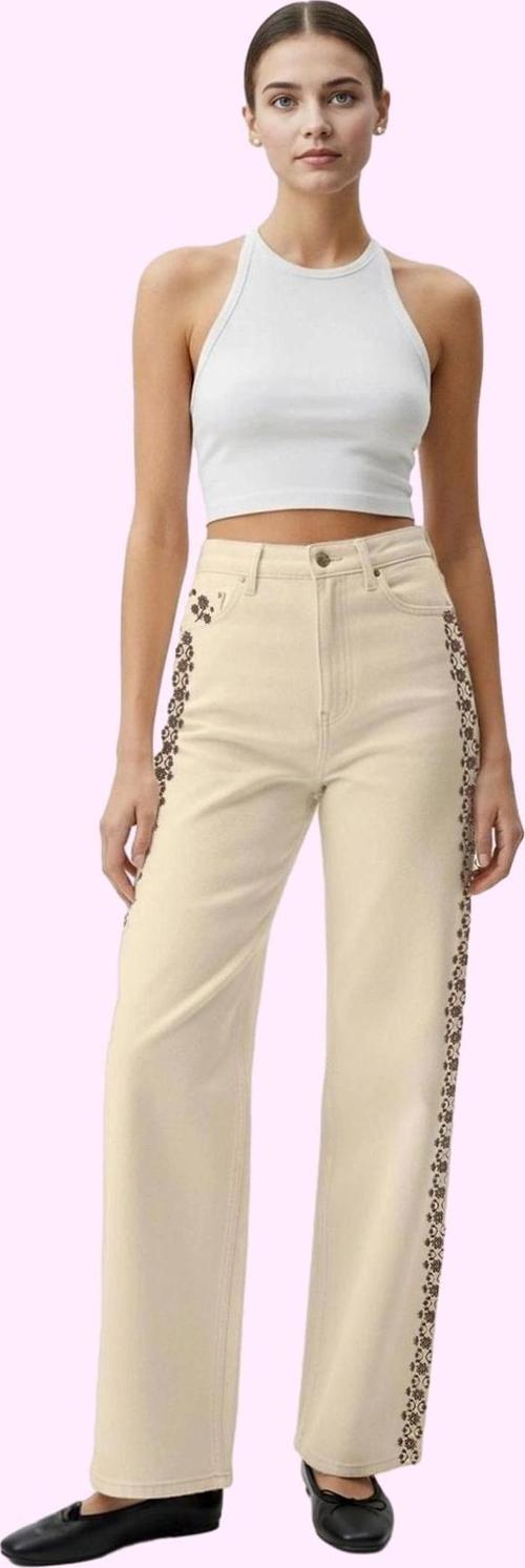 Kadın Yüksek Bel Geniş Paça Denim Pantolon Nakışlı Pamuk Günlük Stil Yaz Aylarının Vazgeçilmezi