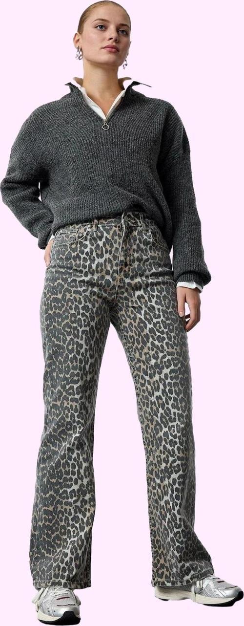 Kadın Yüksek Bel Geniş Paça Leopar Desenli Jean Pantolon Günlük Kombinler Kaliteli Malzeme