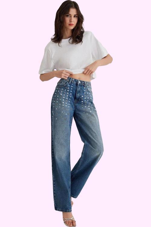 Kadın Yüksek Bel Wide Leg Jean Kuşgözü Detaylı Pamuklu Günlük Stil Yaz Aylarının Vazgeçilmezi