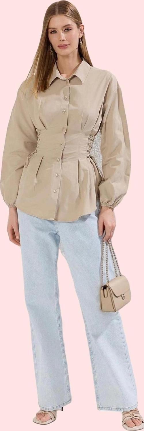 Kadın Uzun Kollu Gömlek Yaka Dokuma Basic Kalıp Terrycotton Kumaş Günlük Kullanım Hafta Sonu
